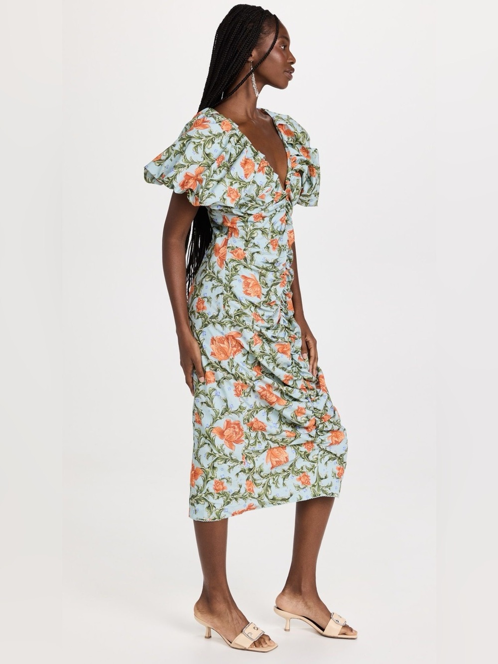 Agua Bendita Puff Sleeve Floral Print Cotton Poplin Midi Dress Large